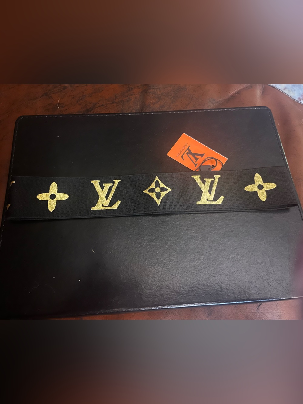 Louis. Vuitton. Gold Foil Letter Logo Monogram Stretch Headband